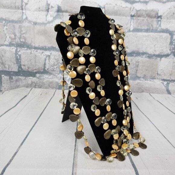 2/$25 Extra Long Necklace Brass Peach Yellow Clear Beads - Picture 3 of 8